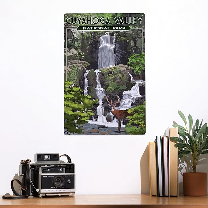 Lantern Press Cuyahoga Valley National Park, Ohio, Deer and Falls, 12x18 Inch Aluminum Sign, Indoor or Outdoor Use