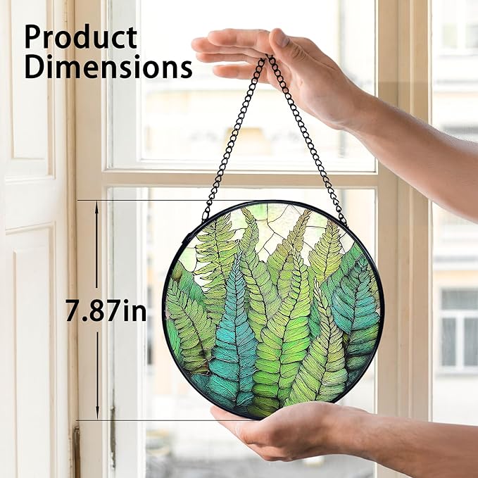 TNUW Fern Plant Stained Glass Window Hanging, Gifts for Plant Lovers Sun Catchers Indoor Window Glass Round Wall Art Decor, Fern Botanical Wall Hanging Decorations, 7.9＂x7.9＂