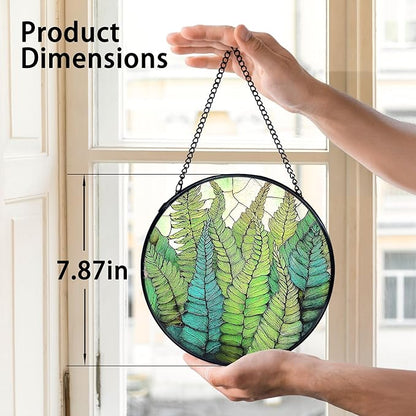 TNUW Fern Plant Stained Glass Window Hanging, Gifts for Plant Lovers Sun Catchers Indoor Window Glass Round Wall Art Decor, Fern Botanical Wall Hanging Decorations, 7.9＂x7.9＂