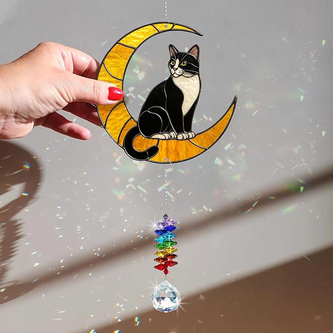 Tuxedo Cat Suncatcher – Black and White Cats Decor Hanging on Moon with Crystal Prism – Tuxedo Cat Gifts for Women, Home or Garden Gift Idea