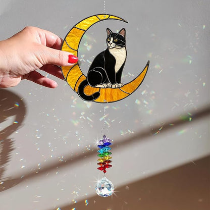 Tuxedo Cat Suncatcher – Black and White Cats Decor Hanging on Moon with Crystal Prism – Tuxedo Cat Gifts for Women, Home or Garden Gift Idea