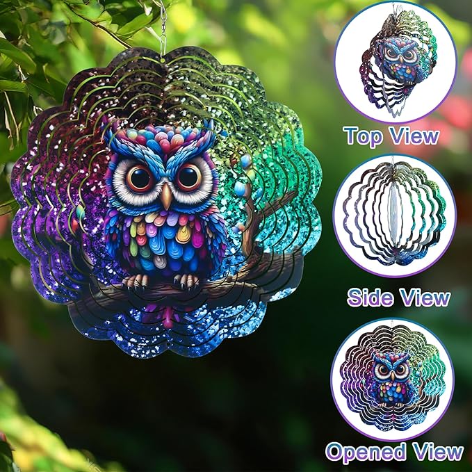 Wind Spinner Mandala 12 inch 3D Stainless Steel Laser Cut Metal Art Geometric Pattern Hanging Wind Spinner (Dreamy Owl)