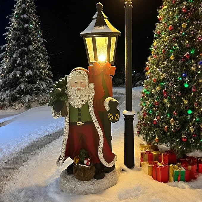 Santa Claus Statue with Light 12.6 inch Christmas Resin Figurine Desktop Decor, New Year's Day Outdoor Decoration for Porch Garden Yard Patio