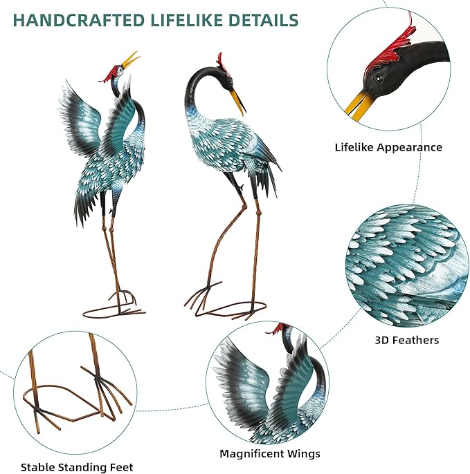 Extra-Large Crane Statue, 36.8" Handcrafted Metal Blue Heron Decor Sculptures with Stable U-Ground Stakes, Backyard Decoration, Metal Garden Bird Animal Yard Art, Lawn Ornament Decor