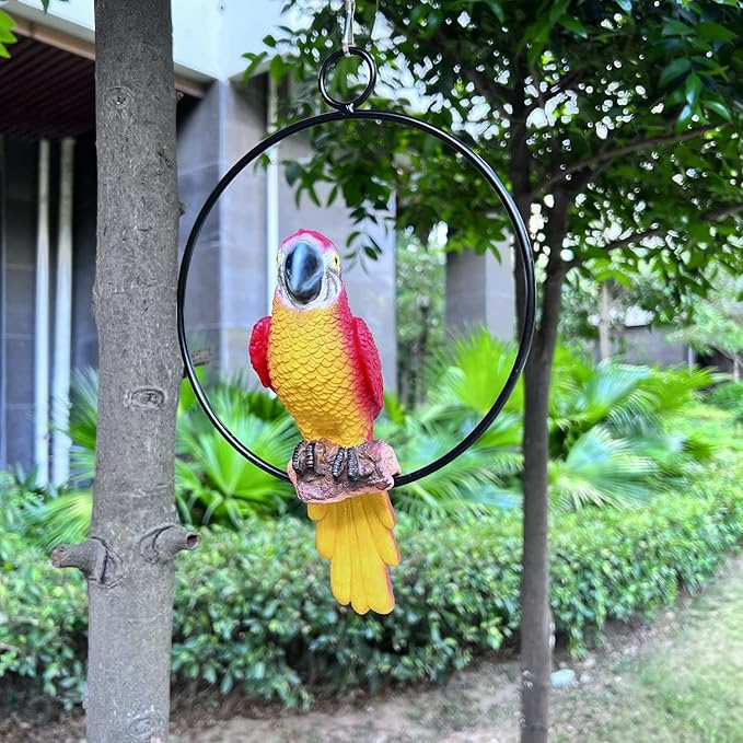 Parrot Bird Perched Statue Hanging Ring for Garden and Home Decor - Parrot Dimensions 9.8" High