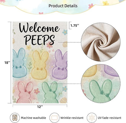 Welcome Peeps Bunny Easter Garden Flag 12 x 18 Inch Double Sided Outside Flag, Painted Rabbits, Welcome Spring Flag Outdoor Yard Easter Holiday Decoration