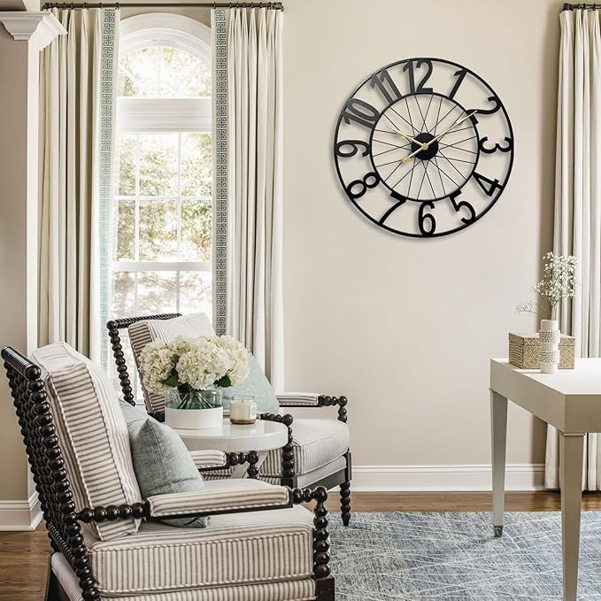 Large Wall Clock, Modern Black Decorative Wall Clock Silent Non Ticking Battery Operated, 24 Inch Wheel Metal Clock for Outdoor Covered Patio, Pool Area, Living Room, Farmhouse, Kitchen