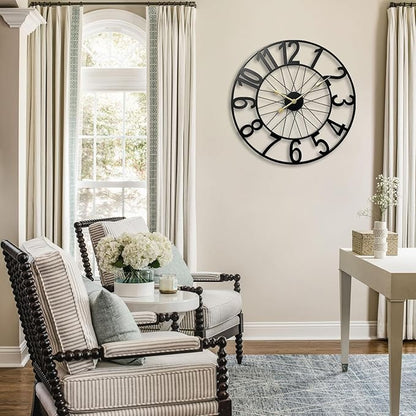 Large Wall Clock, Modern Black Decorative Wall Clock Silent Non Ticking Battery Operated, 24 Inch Wheel Metal Clock for Outdoor Covered Patio, Pool Area, Living Room, Farmhouse, Kitchen
