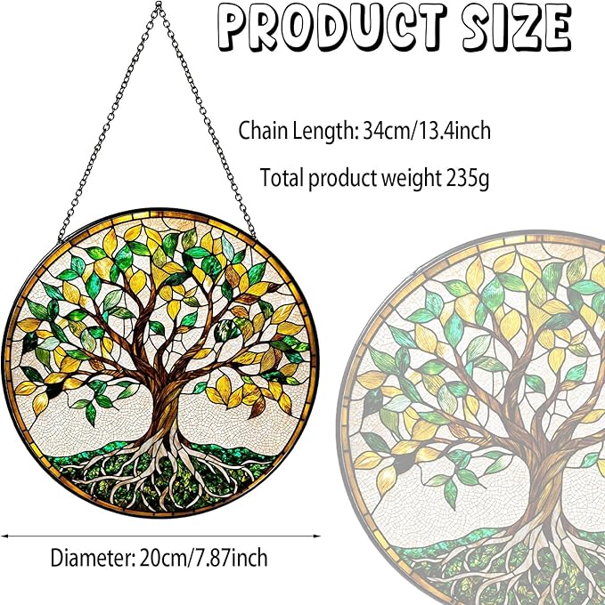 Tree of Life Stained Glass Window Hanging World Tree Sun Catcher Gifts for Women Handmade Suncatchers Decoration for Garden Home Windows Hanging Protection Charm, 7.87inch