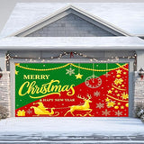IVN Christmas Garage Door Cover Decoration 13x6ft Snowy Night Trees with Green Red Sleigh Scene Deer Merry Christmas Garage Door Banner Home Door Front Yard Decor for Xmas Eve Holiday Outdoor