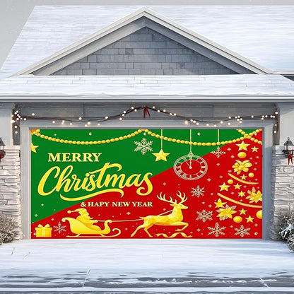 IVN Christmas Garage Door Cover Decoration 13x6ft Snowy Night Trees with Green Red Sleigh Scene Deer Merry Christmas Garage Door Banner Home Door Front Yard Decor for Xmas Eve Holiday Outdoor