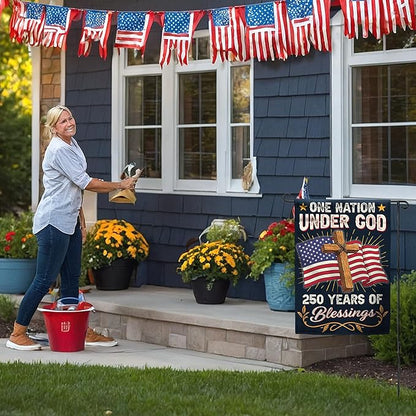 250th Anniversary America USA Garden Flag for Outside, One Nation Under God 250 Years of Blessings 1776-2026 Cross Double-Sided Waterproof Yard Flag 12x18 Inch for 4th of July Memorial Day Decor