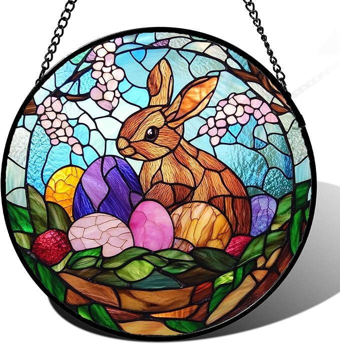 CHATYOUNG Stained Glass Window Hanging Rabbit Easter Egg 7.8" - Colorful Suncatcher Door Garden Home Decor and Christmas Mother's Day Birthday Easters Gift for Grandma Mom Women Wife Friend