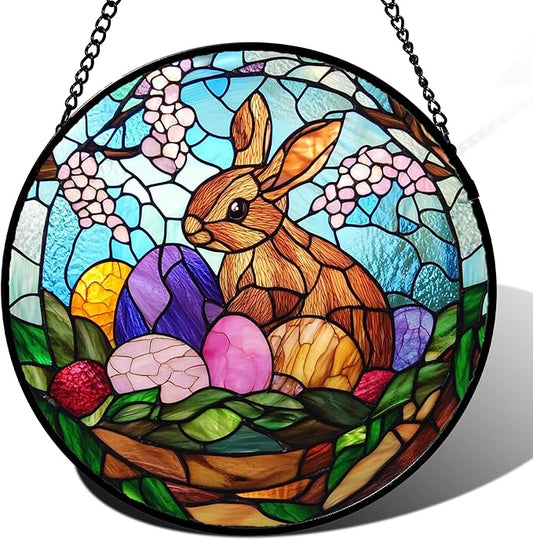 CHATYOUNG Stained Glass Window Hanging Rabbit Easter Egg 7.8" - Colorful Suncatcher Door Garden Home Decor and Christmas Mother's Day Birthday Easters Gift for Grandma Mom Women Wife Friend