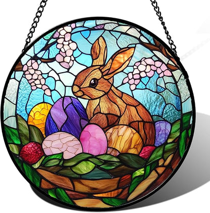 CHATYOUNG Stained Glass Window Hanging Rabbit Easter Egg Large 11.8" - Colorful Suncatcher Door Garden Home Decor and Christmas Mother's Day Birthday Easters Gift for Grandma Mom Women Wife Friend