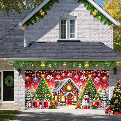 HOMETITUTE Christmas Garage Door Banner 13x6ft Gingerbread House Snowman Candy Cane Holiday Backdrop Winter Scene Indoor Outdoor Wall Hanging Seasonal Party Decorations Festive Porch Entry