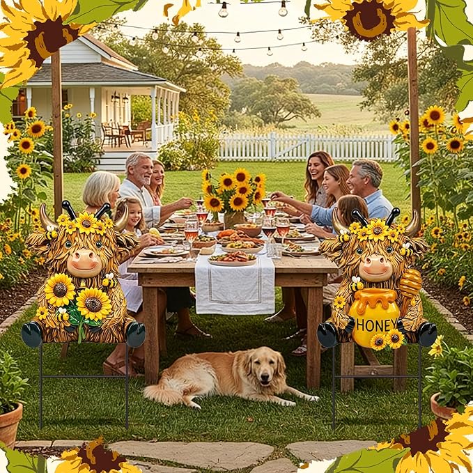 Amyhill 2 Pcs Highland Cow Outdoor Decor, Sunflower Bee Metal Garden Stakes, Honey Themed Yard Signs for Spring Summer, Patio Lawn Walkway Decorations, Cute Cow Gifts for Garden Lovers