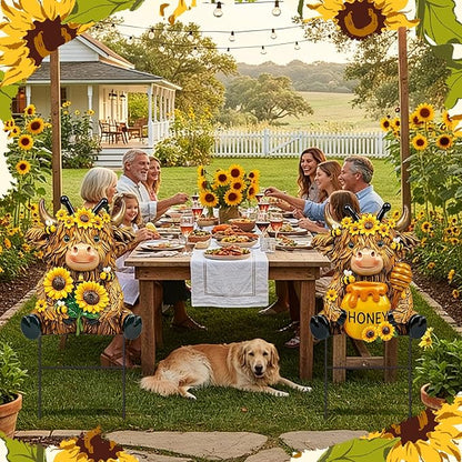 Amyhill 2 Pcs Highland Cow Outdoor Decor, Sunflower Bee Metal Garden Stakes, Honey Themed Yard Signs for Spring Summer, Patio Lawn Walkway Decorations, Cute Cow Gifts for Garden Lovers