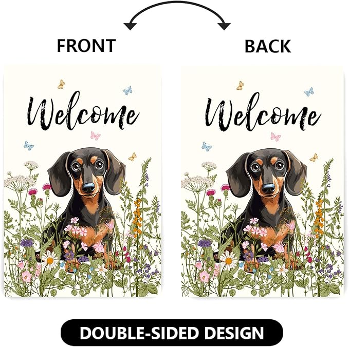 Floral Dachshund Garden Flag Spring Summer House Flags 28 x 40 Double Sided Flower Dog Yard Flags for Outside Large Outdoor Welcome Flags