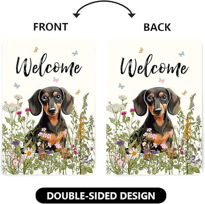 Floral Dachshund Garden Flag Spring Summer House Flags 28 x 40 Double Sided Flower Dog Yard Flags for Outside Large Outdoor Welcome Flags