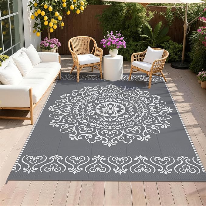 Pauwer Waterproof Outdoor Rug 6x9, Reversible Plastic Straw Patio Camping Rug, Indoor Outdoor RV Mat Carpet for Deck, Camper, Porch, Balcony, Backyard, Picnic, Floral Grey