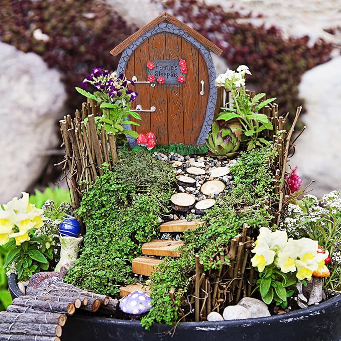 Syhood Fairy Door and Window Miniature Summer Home with Lamp Room Wall and Trees Outdoor Glow in Dark Fairies Sleeping Yard Art Garden Sculpture Patio Lawn Decor Ornament Gift(Stone Style)