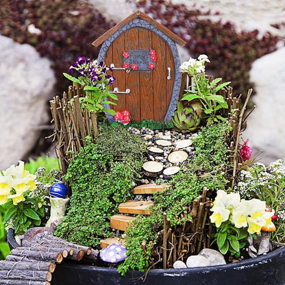 Syhood Fairy Door and Window Miniature Summer Home with Lamp Room Wall and Trees Outdoor Glow in Dark Fairies Sleeping Yard Art Garden Sculpture Patio Lawn Decor Ornament Gift(Stone Style)
