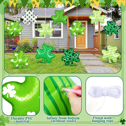 18 Pcs 12 Inch St Patrick's Day Inflatable Shamrock Ornaments Decorations Large Blow up Lucky Clover Hanging Ornaments Irish Clover Shape PVC Yard Decors Shamrock Outdoor Decoration for Yard Lawn