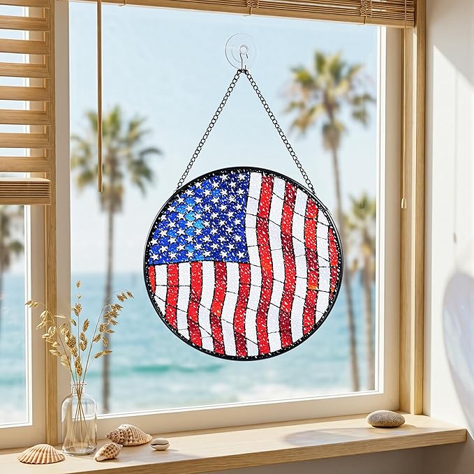 Stained Glass Window Hanging Suncatchers with Patriotic American Flag 12.6", Vibrant Glass Panel with Metal Chain for Home Decor Gift for Women Mother's Day, Birthday, Men, and Mom