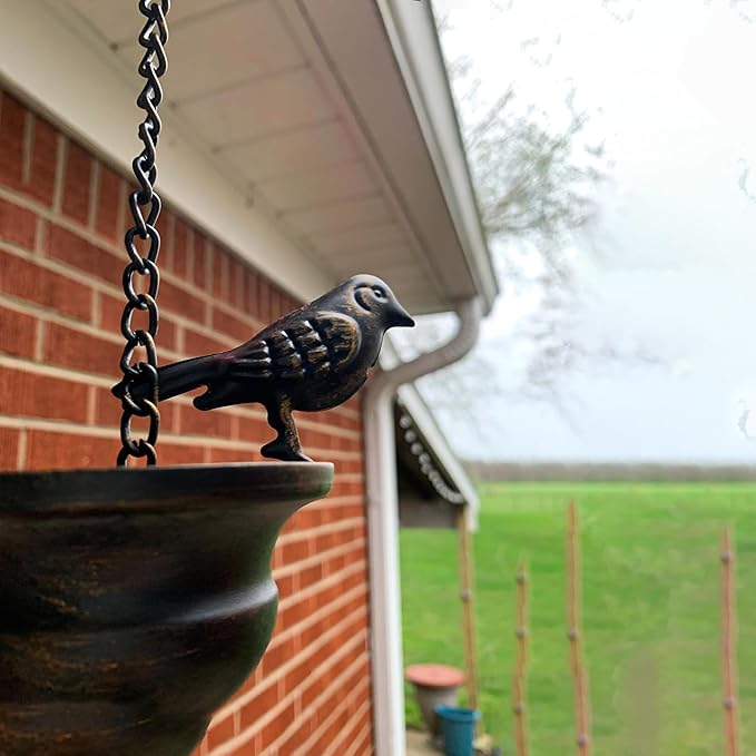 Vintage Bird Shaped Rain Chain Catcher – Decorative Hanging Gutter Chains for Outside Gutters, 8 Feet (About 2.4 Meters) with Attached Hanger, Drain Garden Mobile Birds Steering Wheel, Dark Bronze