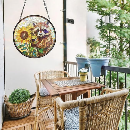 7.8 Inch Stained Glass Window Hanging Sunflower Raccoon Sun Catcher Indoor Window Door Wall Yard Home Decor Colorful Glass Panel Suncatcher Gifts for Women Men Mom Grandma