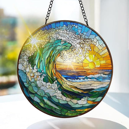 Bimkole Sun Waves Stained Glass Suncatcher Window Hanging - Landscape Indoor Window or Doorway Decoration - Handmade Sun Catcher Decor for Garden Home Christmas & Birthday Gifts 7.87x7.87 Inch