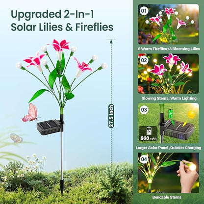 WdtPro Upgraded Solar Garden Lights Outdoor: 4 Pack 2-in-1 Solar Firefly Swaying Light with Lily Flower and Glowing Stem, Waterproof Garden Decor for Yard Patio Pathway Lawn, Gardening Gifts for Women