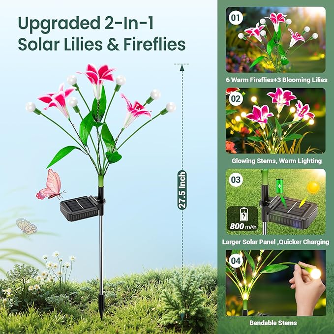 WdtPro Upgraded Solar Garden Lights Outdoor: 8 Pack 2-in-1 Solar Firefly Swaying Light with Lily Flower and Glowing Stem, Waterproof Garden Decor for Yard Patio Pathway Lawn, Gardening Gifts for Women