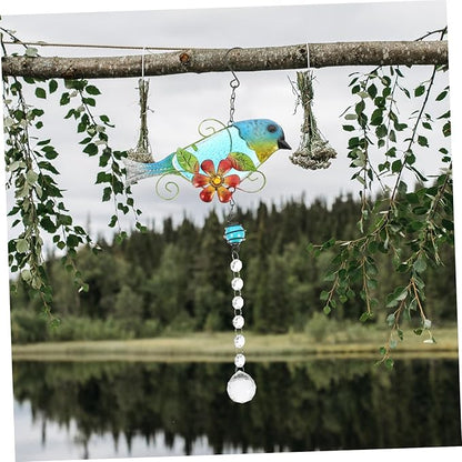 Glass Bird Statue Hanging Pendant Creative Songbird Sculpture with Lifelike Crystal Design Iron Garden Decor for Outdoor and Patio Decoration