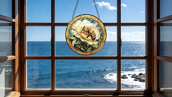 Funoasis Stained Glass Window Hanging 6.3 Inches Suncatcher - A Bee is Collecting Nectar from A Large White Flower Ornaments Sun Catcher Home Decor Women Birthday