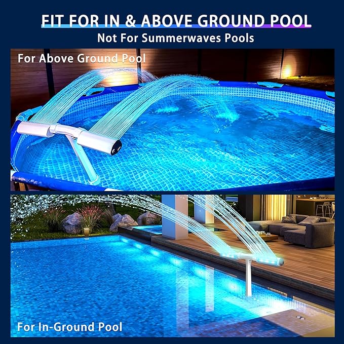 Pool Fountain for In-ground Pool and Above Ground Pools, Dual Spray Adjustable Pool Sprinkler Waterfall with 16-Colors LED Lights and 10 Modes for Outdoor Yard Decoration, RF Remote and App Control