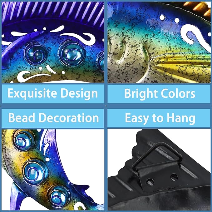 Metal Fish Wall Art Decor, 3-Piece Marlin Tuna Swordfish Set, Blue and Gold Tropical Ocean Theme Outdoor Wall Mother's Day Decor for Patio Garden Yard, Decorative Hanging Sculptures Mother's Day Decoration Gift
