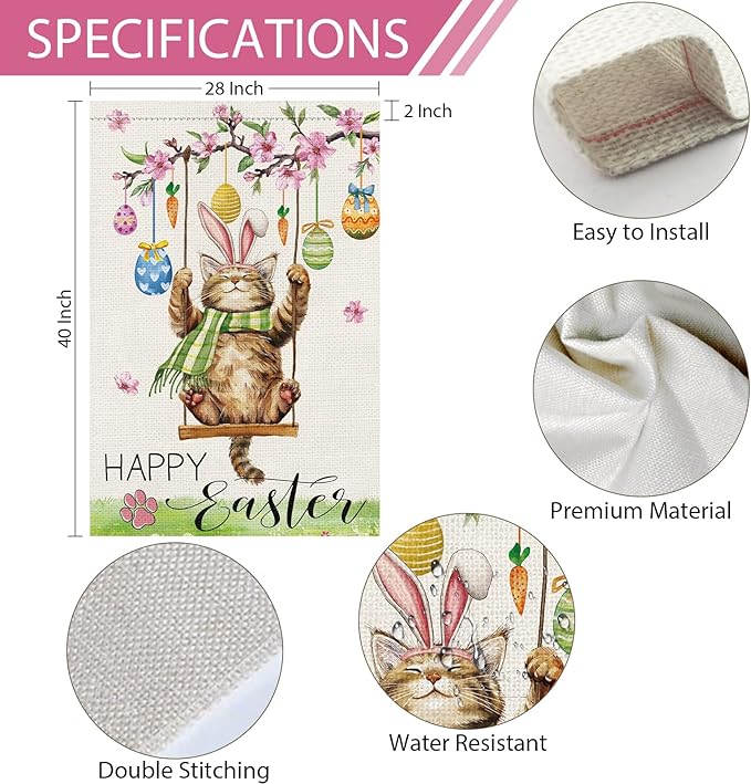 Heyfibro Happy Easter Cute Cat Garden Flag 28x40 Double Sided Burlap, Spring Summer Magnolia Flower Easter Egg Small Yard Banner for Seasonal Holiday Farmhouse Yard Outdoor Decor(ONLY FLAG)