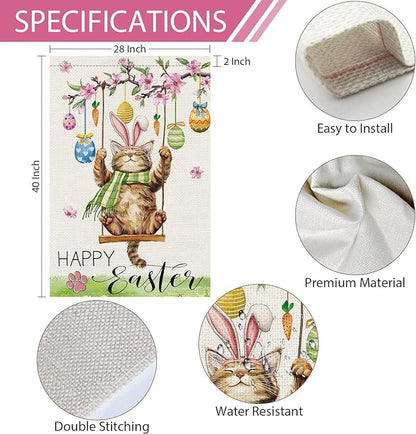 Heyfibro Happy Easter Cute Cat Garden Flag 28x40 Double Sided Burlap, Spring Summer Magnolia Flower Easter Egg Small Yard Banner for Seasonal Holiday Farmhouse Yard Outdoor Decor(ONLY FLAG)