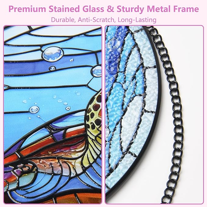 Stained Glass Window Hanging, Big Eyed Turtle Circular Painted Glass Suncatcher with Chain & Suction Cup for Home Garden Door Decor, Birthday for Women Men Mom 7.8 in