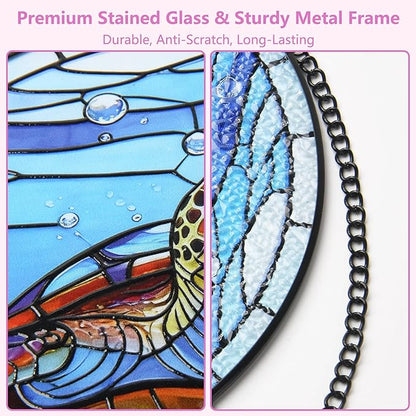 Stained Glass Window Hanging, Big Eyed Turtle Circular Painted Glass Suncatcher with Chain & Suction Cup for Home Garden Door Decor, Birthday for Women Men Mom 7.8 in