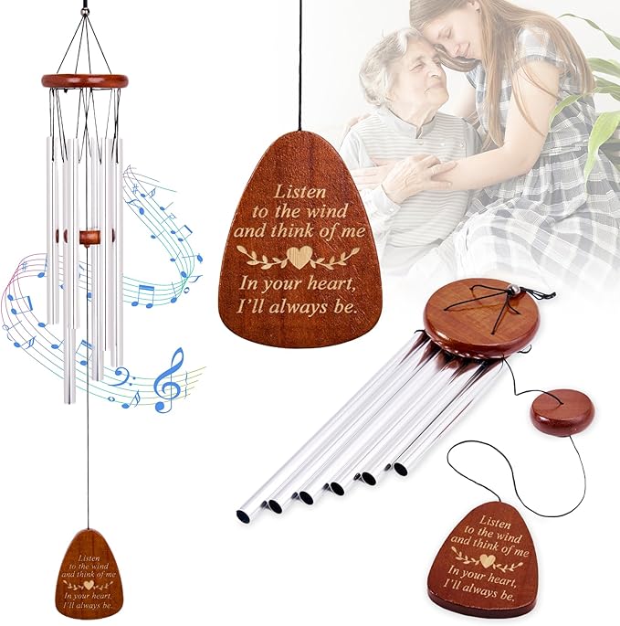 Wind Chimes for Outside, 28" Sympathy Memorial Wooden Wind Chimes for Loss of Loved One Mother Father, Pet Sympathy Gift Suitable for Outdoor, Garden, Patio Decoration Home Decor, Silver