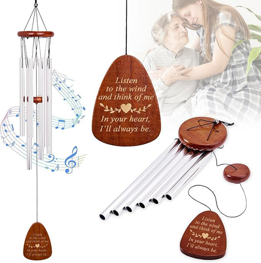 Wind Chimes for Outside, 28" Sympathy Memorial Wooden Wind Chimes for Loss of Loved One Mother Father, Pet Sympathy Gift Suitable for Outdoor, Garden, Patio Decoration Home Decor, Silver