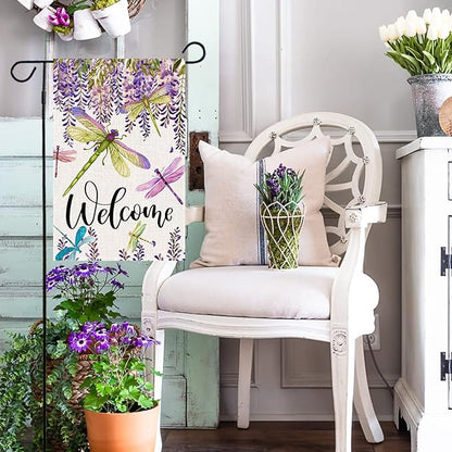 Baccessor Spring Summer Flower Garden Flag Wisteria Dragonfly Floral Welcome Small Yard Flag Burlap Double Sided Vertical Seasonal Farmhouse Wedding Outside Outdoor Decoration 12.5x18 Inch