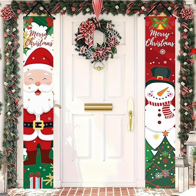 BlissYard Christmas Porch Banner Set 78×12 Inch Santa and Snowman Door Banner Xmas Hanging Sign Outdoor Christmas Decorations Xmas Front Door Welcome Banner Winter Yard Wall Decor for Home Garden Party Supplies