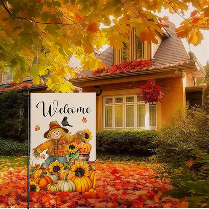 Fall Scarecrow Garden Flag Welcome Pumpkin Yard Flag Auttumn Suflower Bird Maple Leaves Garden Flags Thanksgiving Seasonal Farmhouse Rustic House Banner for Outside Patio Decor 12 x 18 Inch