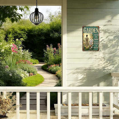 Vintage Metal Garden Sign, and Into The Garden I Go Wall Decor, Gardening Gifts for Women, Home Patio Yard Art, 8 x 12 Inches