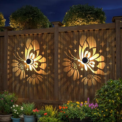 Hapjoy Solar Fence Lights 4 Pack Solar Deck Lamps Outdoor Decorations Powered Step Lights Wall Waterproof LED Warm Decorative Lighting for Garden (Butterfly-Flower, 4)
