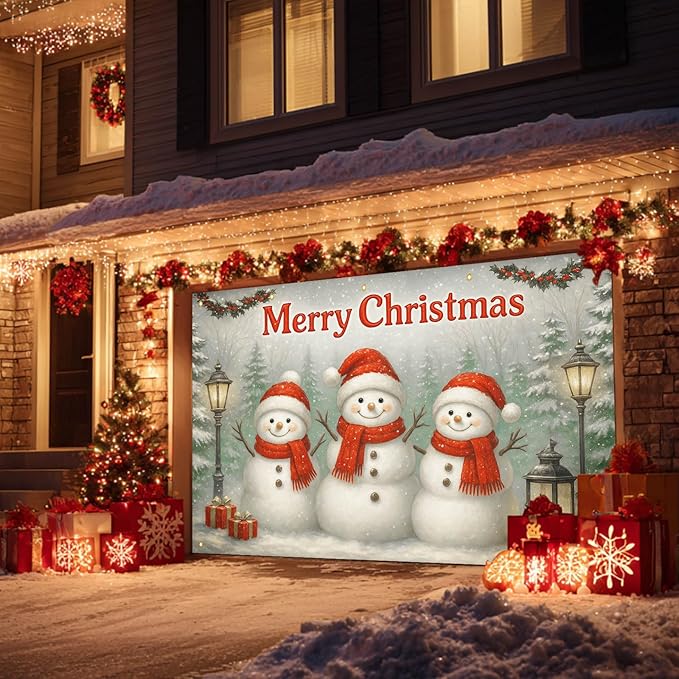 HOMETITUTE 13x6ft Christmas Garage Door Banner Snowman Banner Christmas Backdrop Outdoor Indoor Xmas Garage Door Cover Large Holiday Wall Backdrop for Yard Porch Seasonal Decoration
